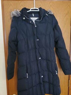 Eddie Bauer Black Long Quilted Puffer Coat with Faux Fur Trim Hood